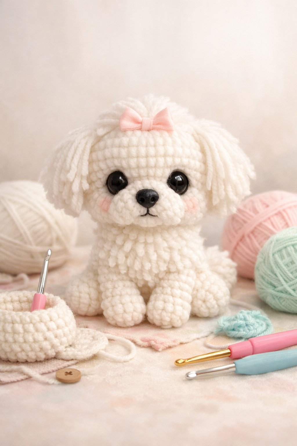 A small white crocheted Maltese dog sitting among yarn balls and crochet hooks on a soft surface.