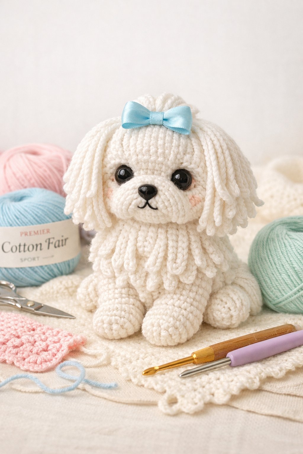 A detailed crocheted Maltese dog sitting on a soft surface with yarn and crochet hooks nearby.