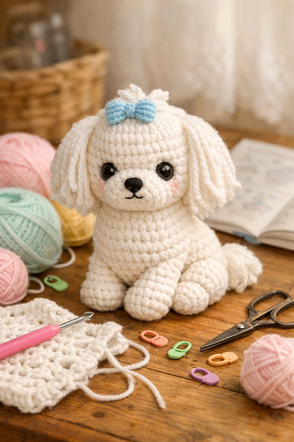 A crocheted Maltese dog sitting on a wooden table surrounded by yarn, crochet hooks, and crafting tools.