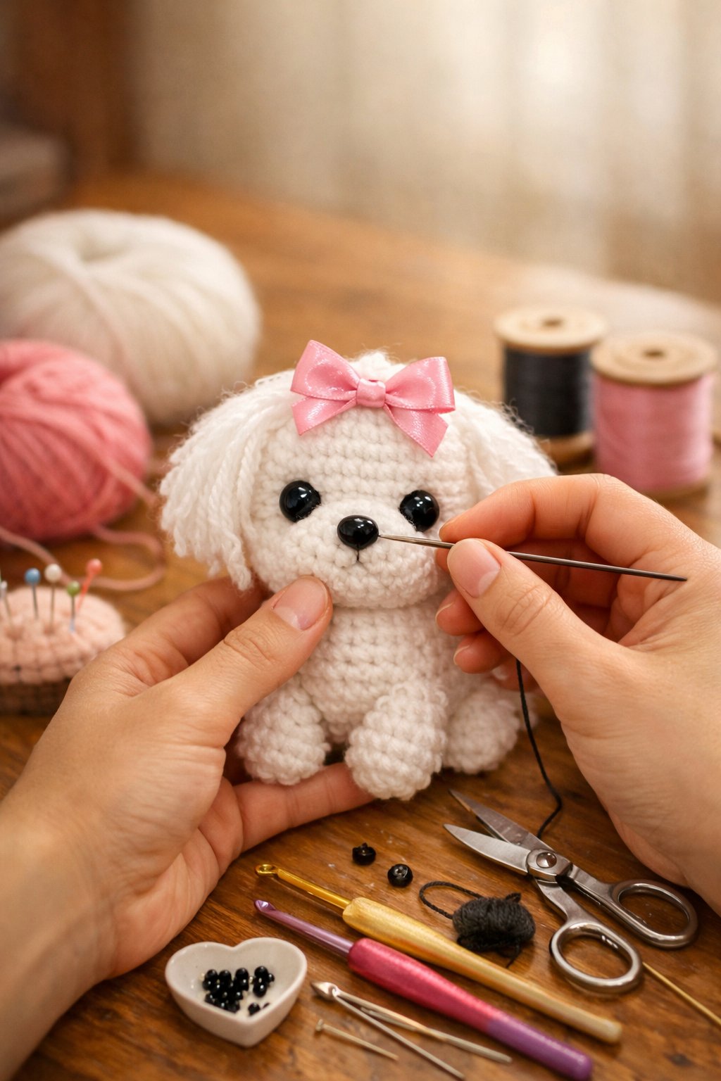 Hands finishing a white Maltese dog crochet figure with yarn and sewing tools on a wooden table.