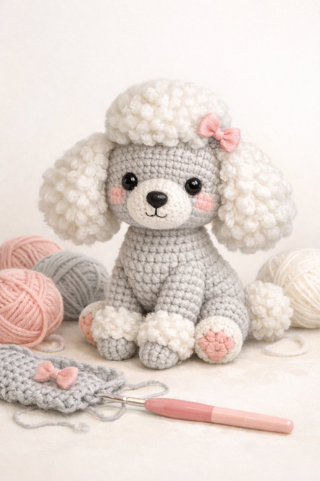 A crocheted French poodle toy sitting with yarn balls and a crochet hook nearby.