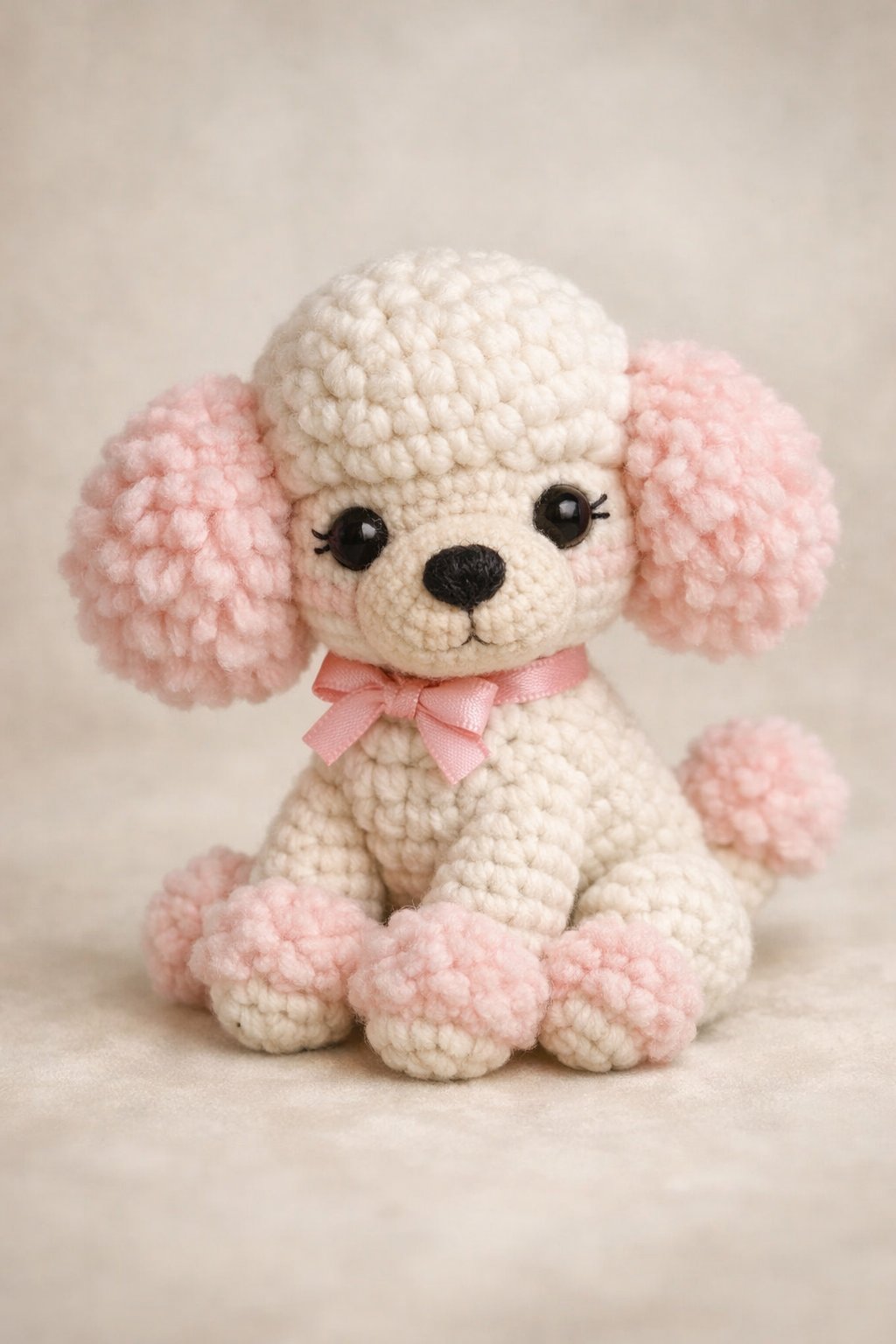 A handmade crocheted French poodle toy with fluffy pom-pom ears sitting on a plain background.