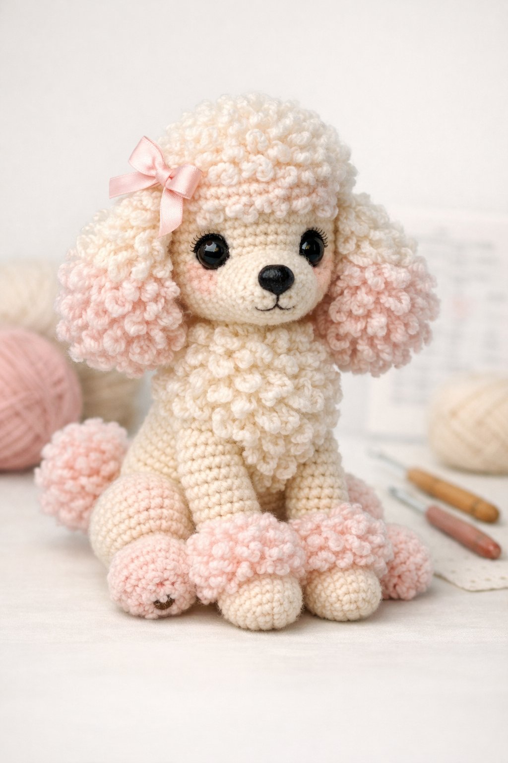 A realistic crocheted French poodle doll sitting with fluffy curly fur and crochet tools in the background.