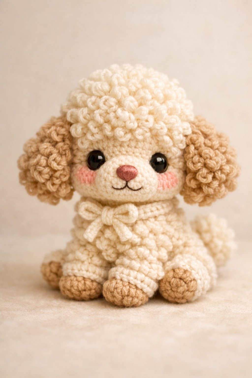 A small baby French poodle crocheted amigurumi sitting calmly on a plain background.