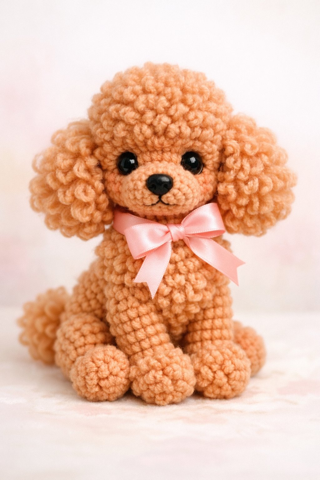 A crocheted toy poodle sitting with a pink ribbon around its neck.