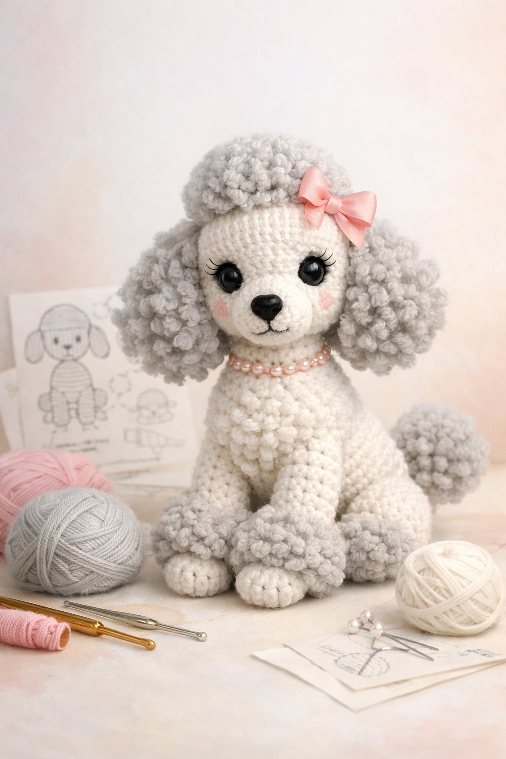 A crocheted French poodle amigurumi doll sitting with yarn balls and crochet hooks around it.