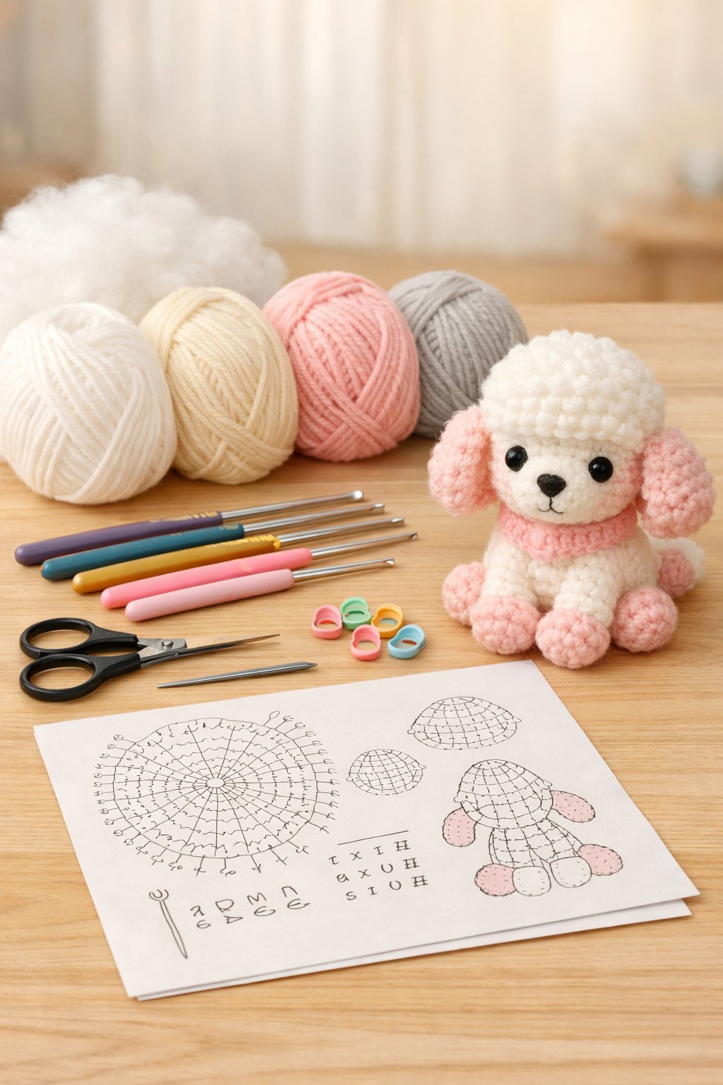 A table with yarn, crochet hooks, scissors, stitch markers, a crochet pattern, and a partially completed French poodle amigurumi figure.