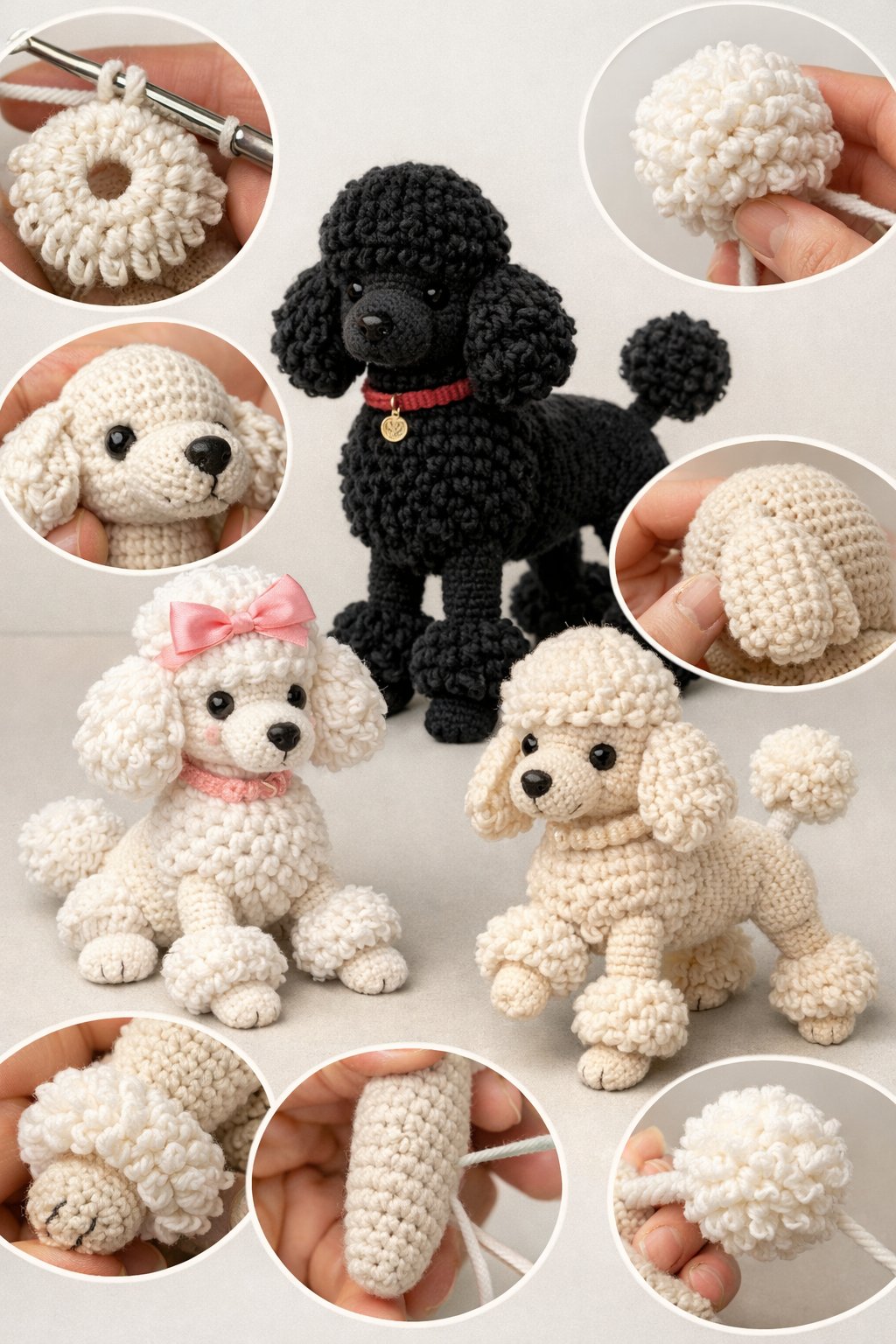 Several crocheted French poodles with detailed close-ups of stitching techniques used to create their distinctive features.