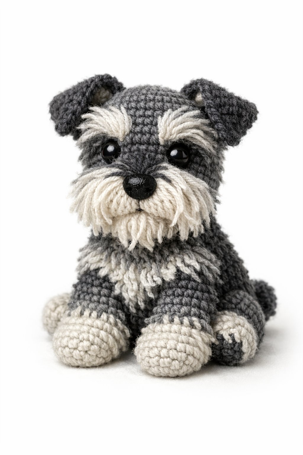 A crocheted schnauzer dog sitting upright with gray and black fur, showing detailed yarn texture and expressive eyes.