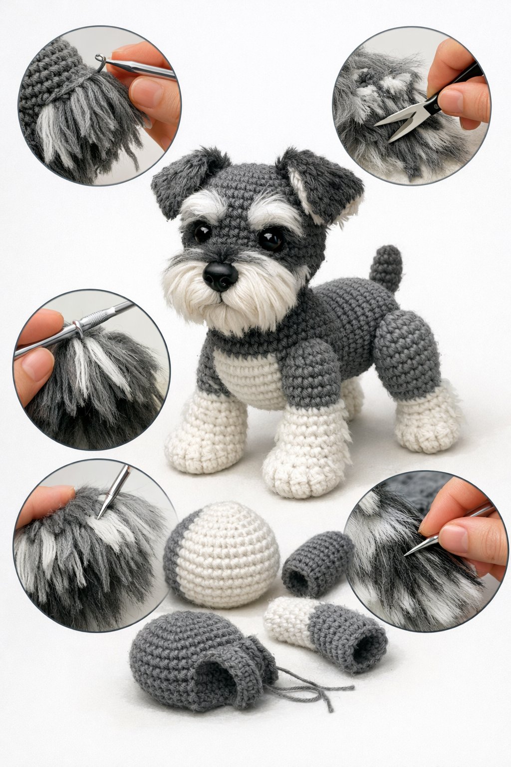 A partially completed crocheted Schnauzer dog with detailed fur texture, showing body construction and fur techniques.