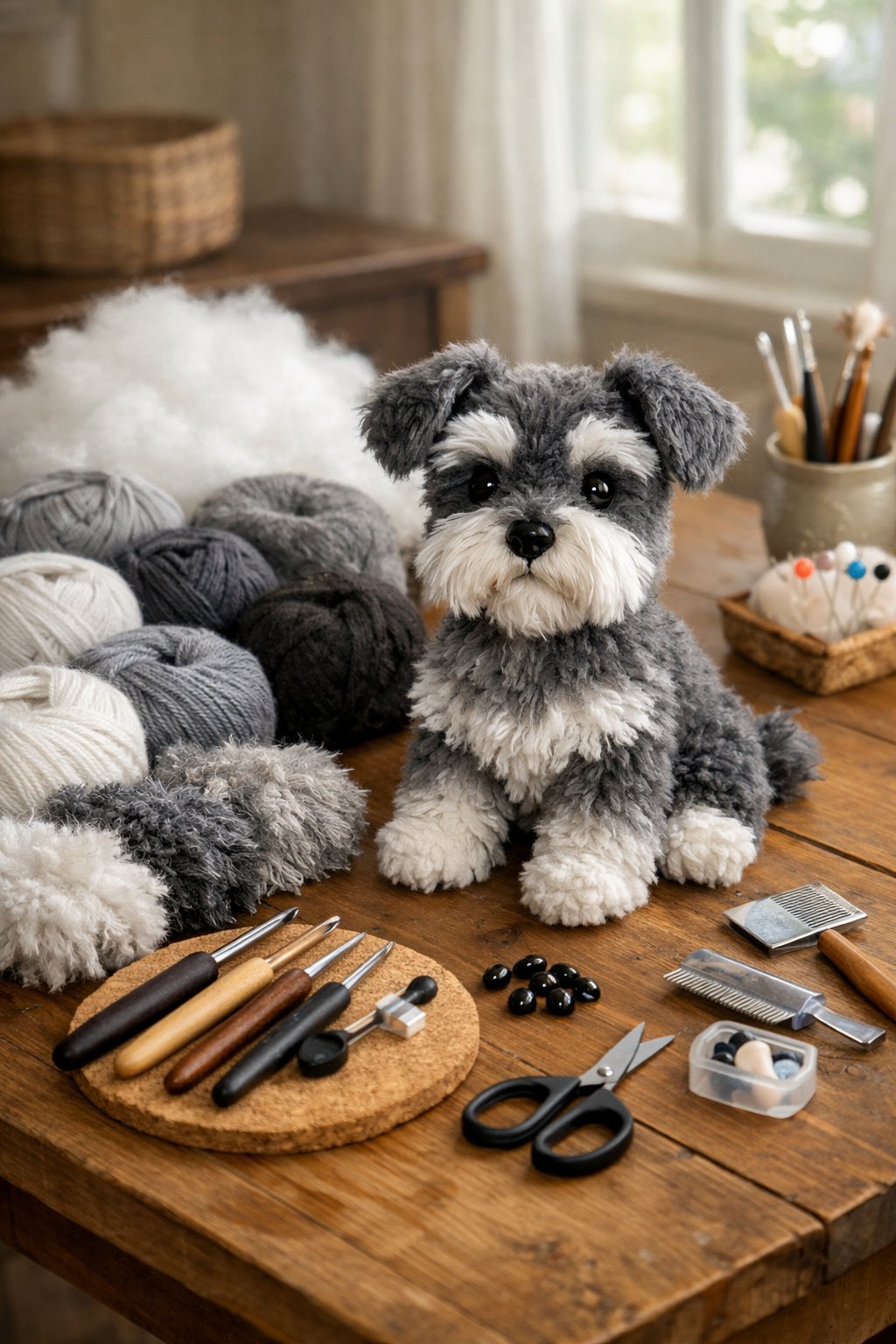 A crafting workspace with yarns, crochet hooks, and a partially completed amigurumi Schnauzer dog with fluffy fur.