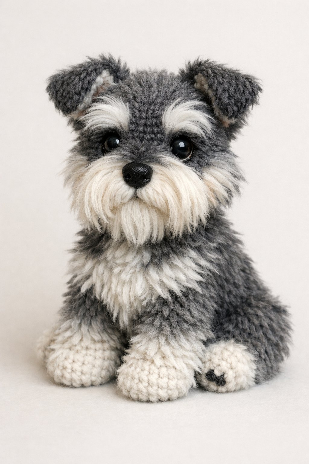 An amigurumi schnauzer dog sitting with detailed, realistic fur texture in shades of gray, black, and white.