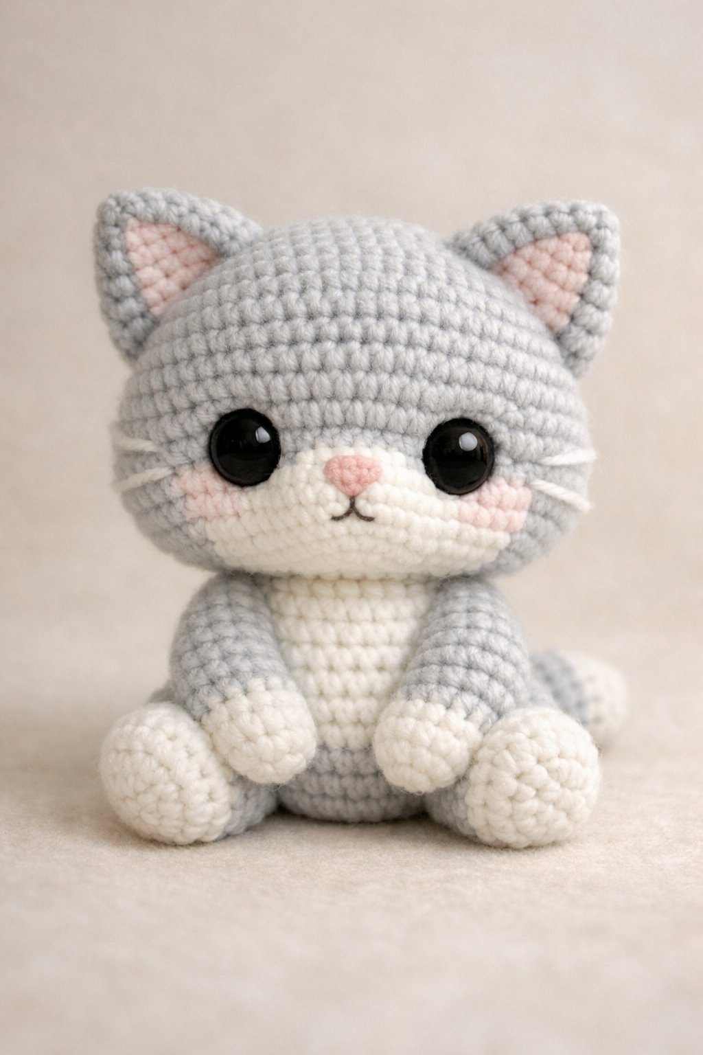 A small crocheted cat toy sitting upright with large eyes and a pink nose.