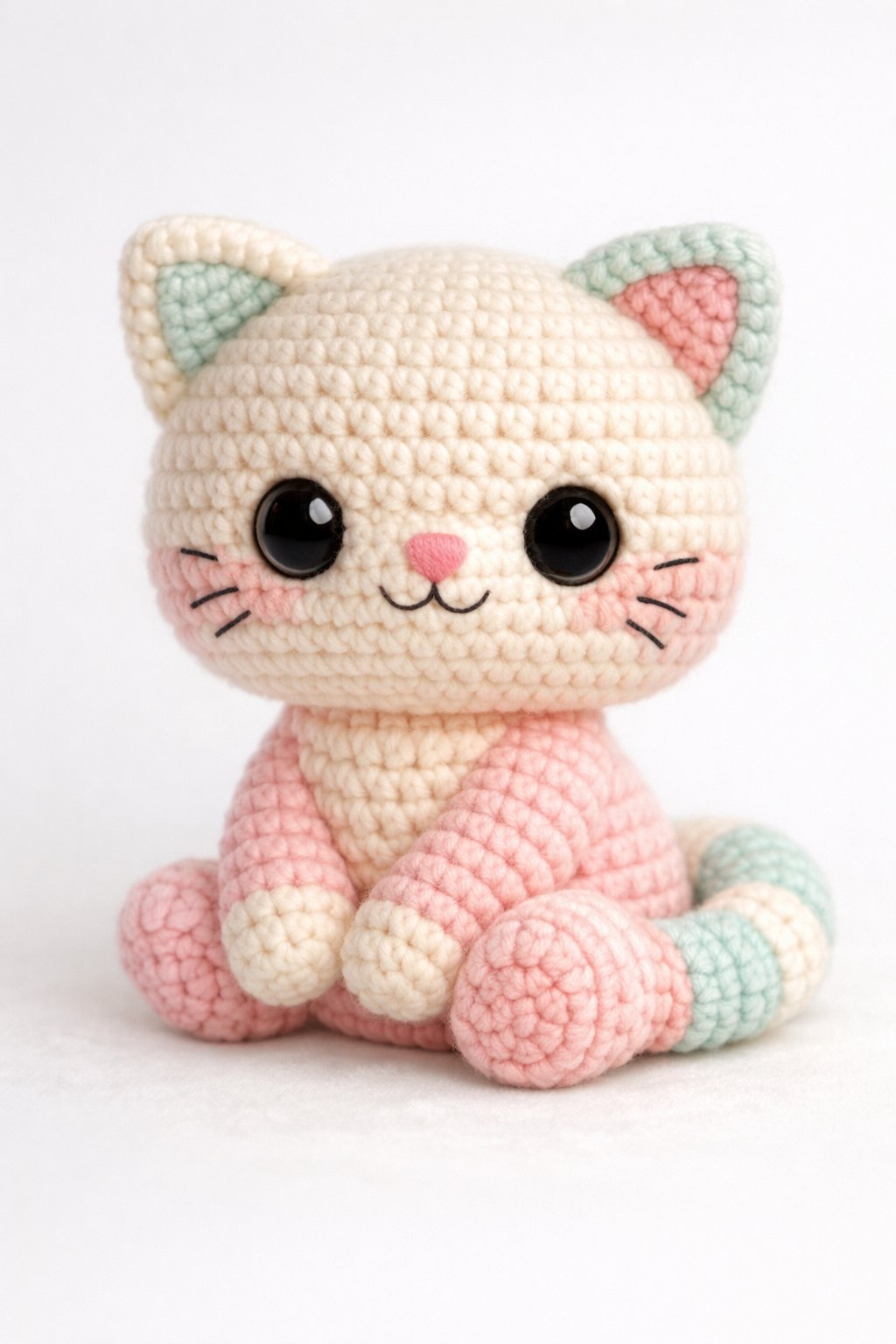 A small crocheted cat sitting upright with large eyes and a curled tail.