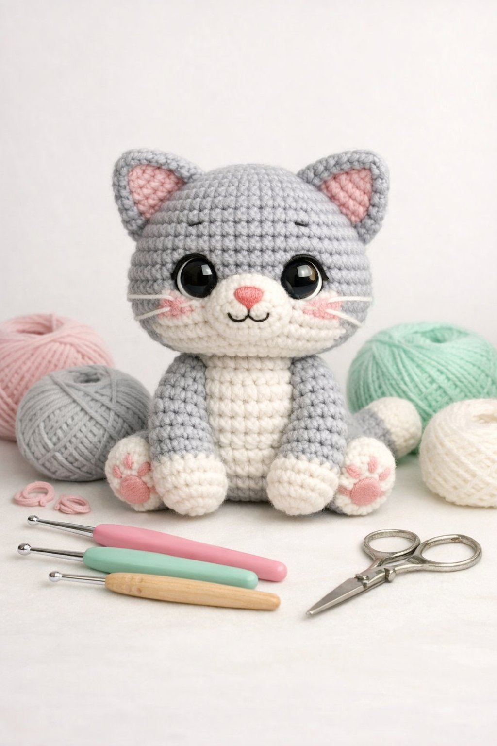 A small crocheted cat sitting with yarn, crochet hooks, and scissors arranged nearby on a clean surface.