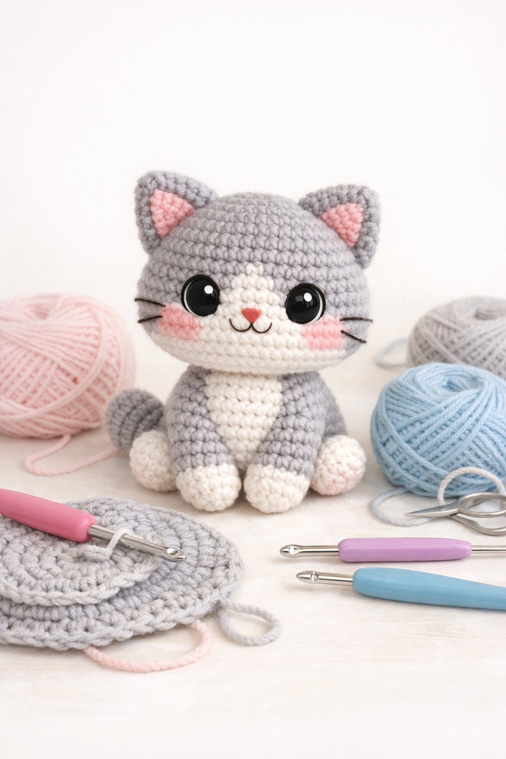 A small crocheted cat sitting upright surrounded by yarn and crochet tools.