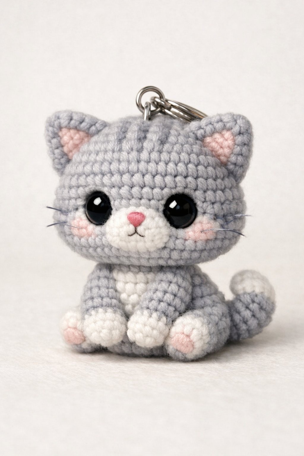 A small crochet cat keychain with large eyes and a curled tail, sitting upright with a metal ring attached on top.