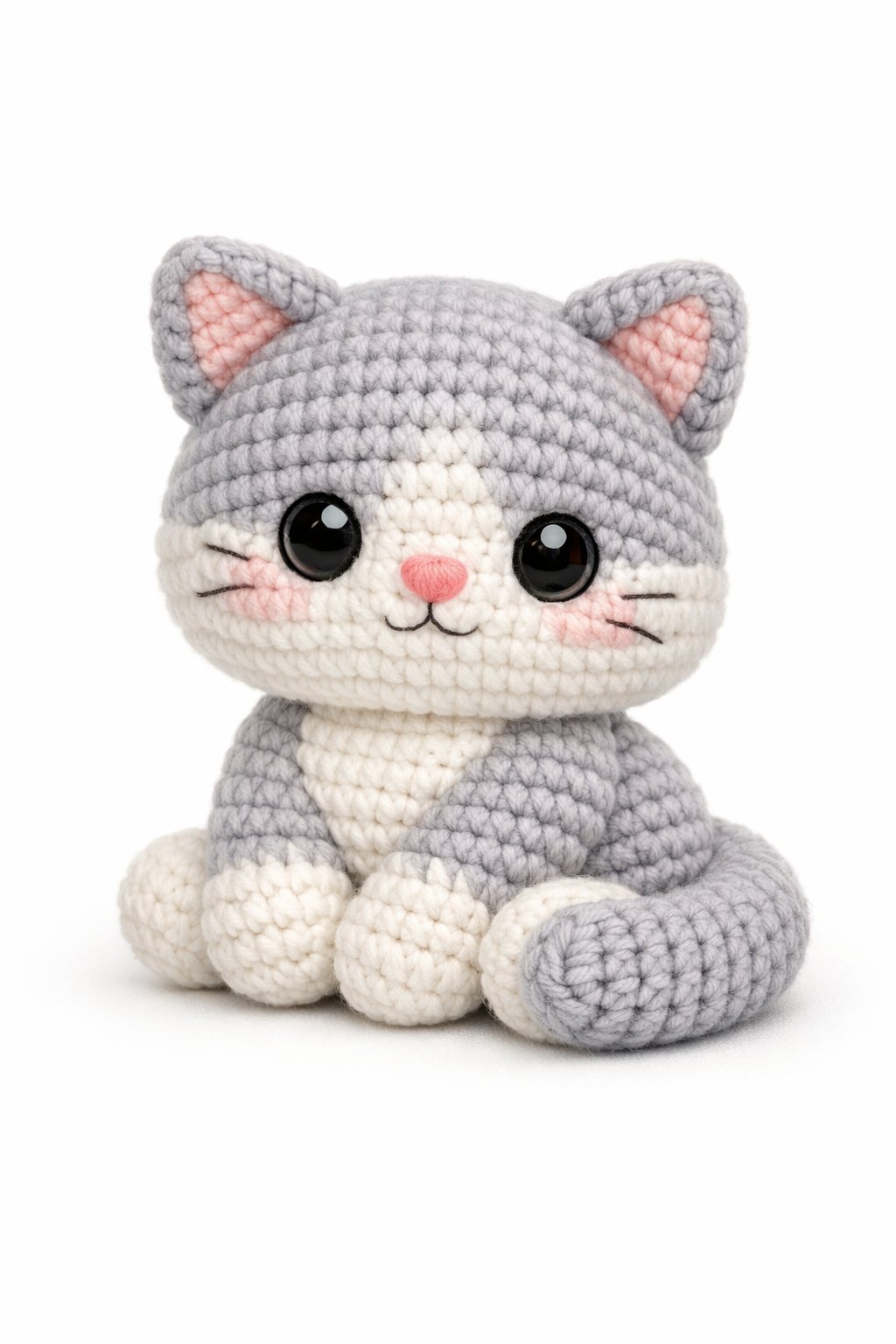 A small crocheted cat sitting upright with big eyes and a curled tail.