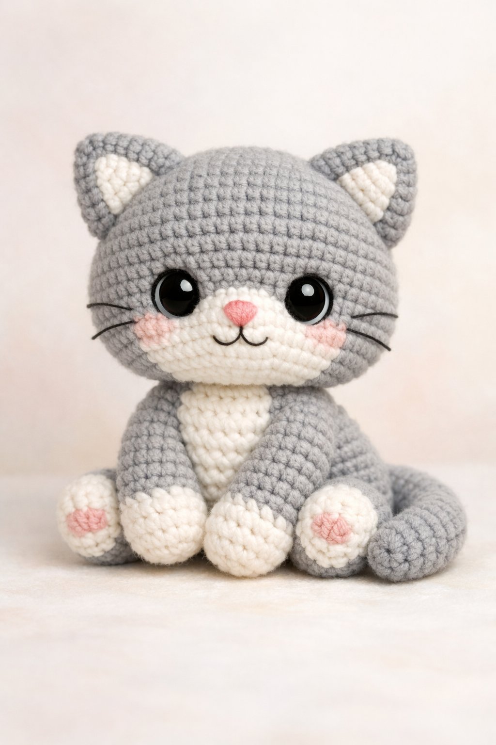 A small crochet cat plush toy sitting upright with visible stitches and soft colors.