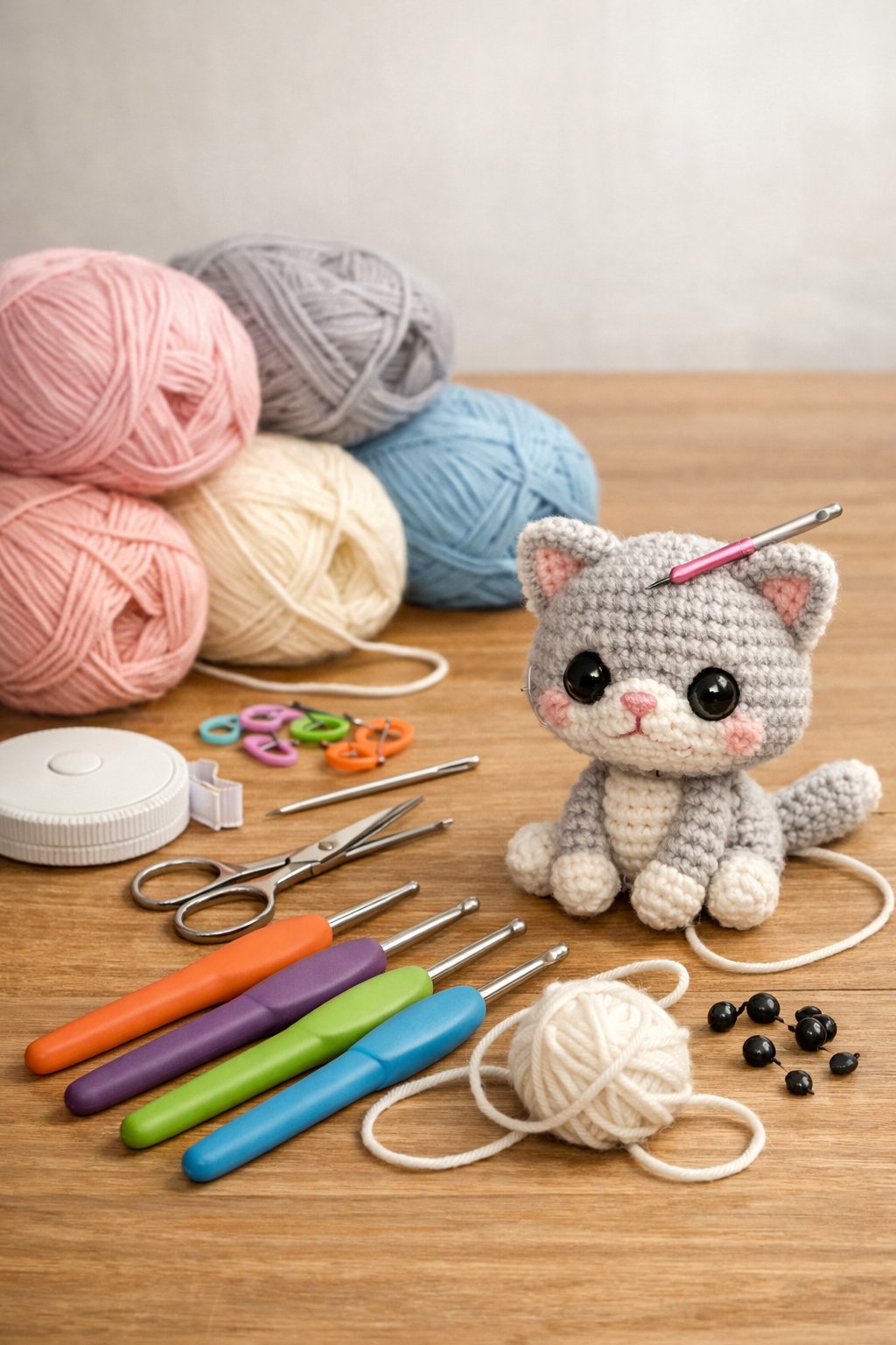 A workspace with yarn, crochet hooks, scissors, and a small crocheted cat in progress.