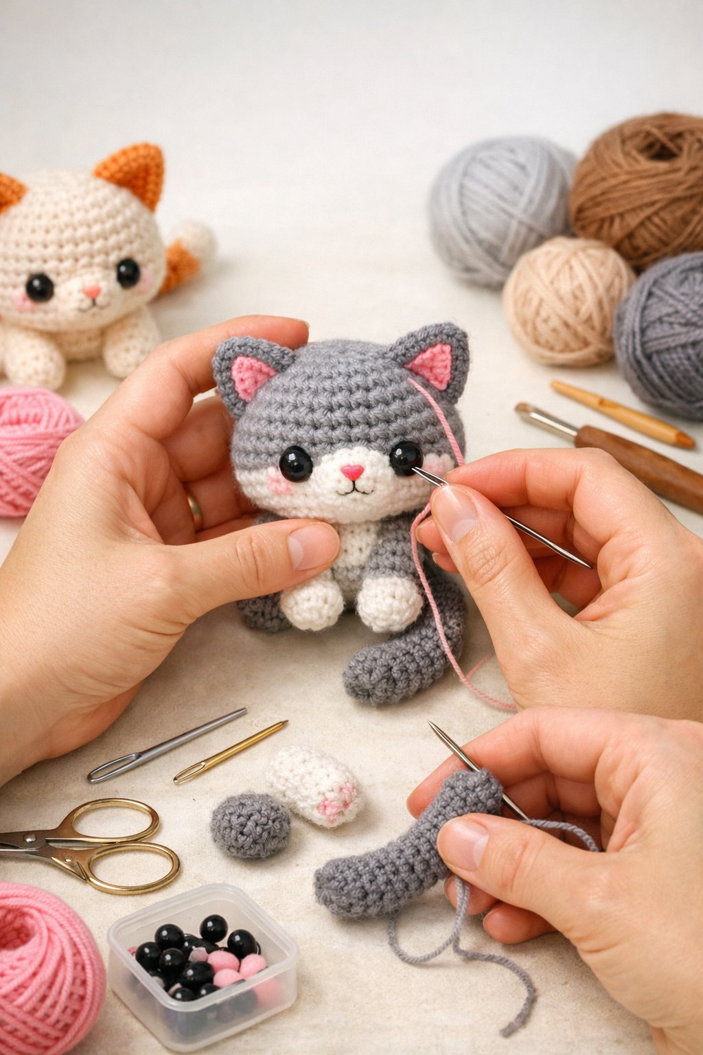 Close-up of hands finishing a small crocheted cat with yarn and tools on a clean surface.