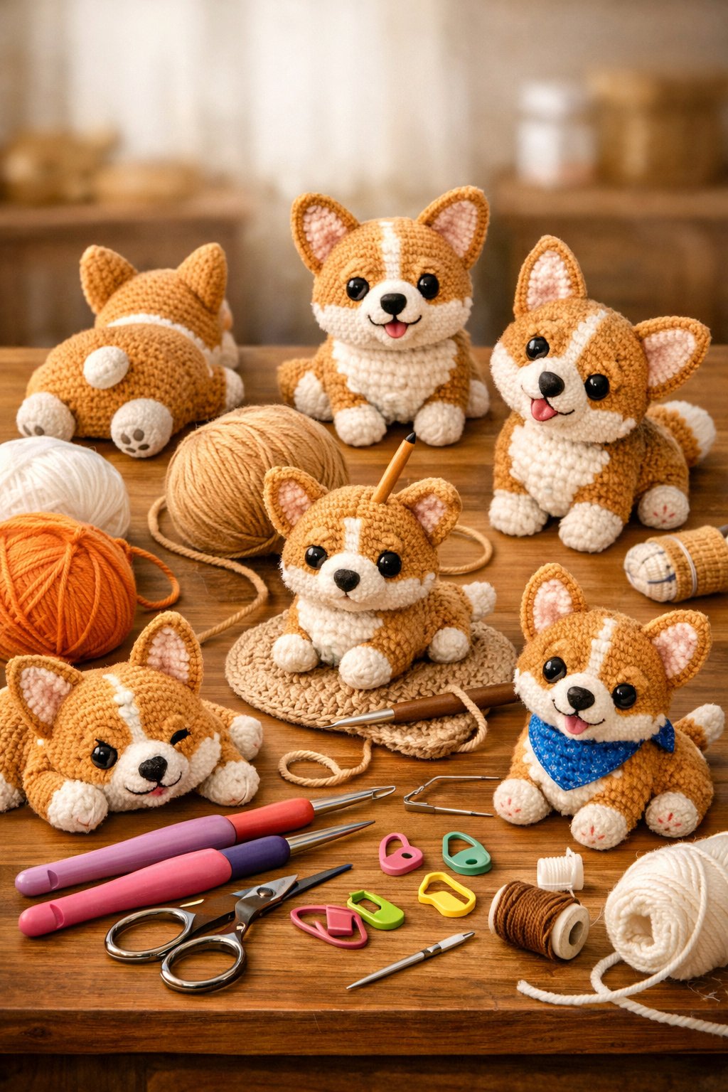 Several crocheted corgi figures in different poses surrounded by yarn balls and crochet tools on a wooden table.