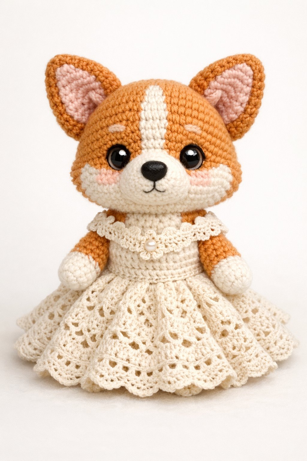 A crocheted corgi doll wearing a removable gown, sitting upright on a plain background.