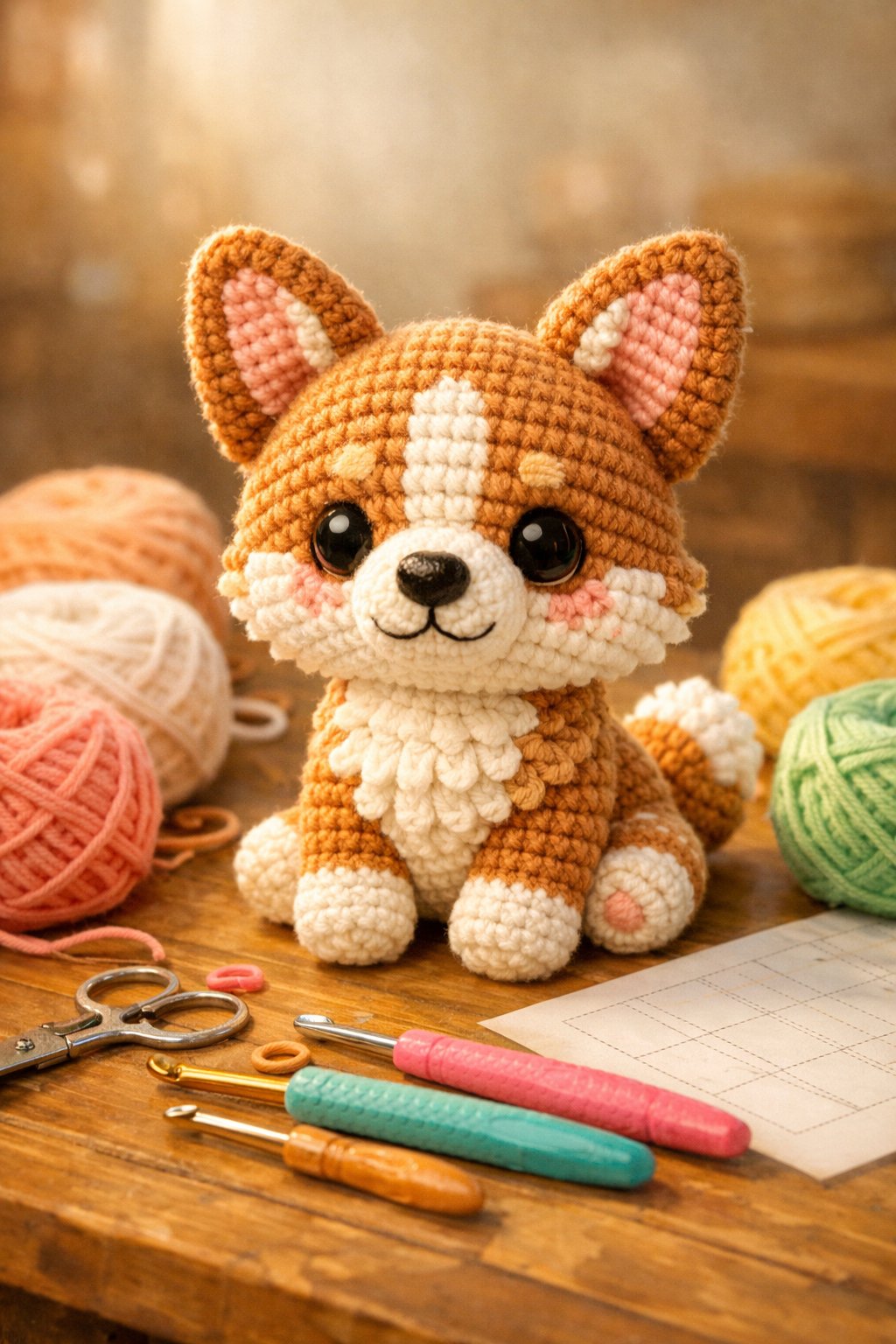 A small crocheted corgi dog sitting on a table surrounded by yarn balls and crochet hooks.