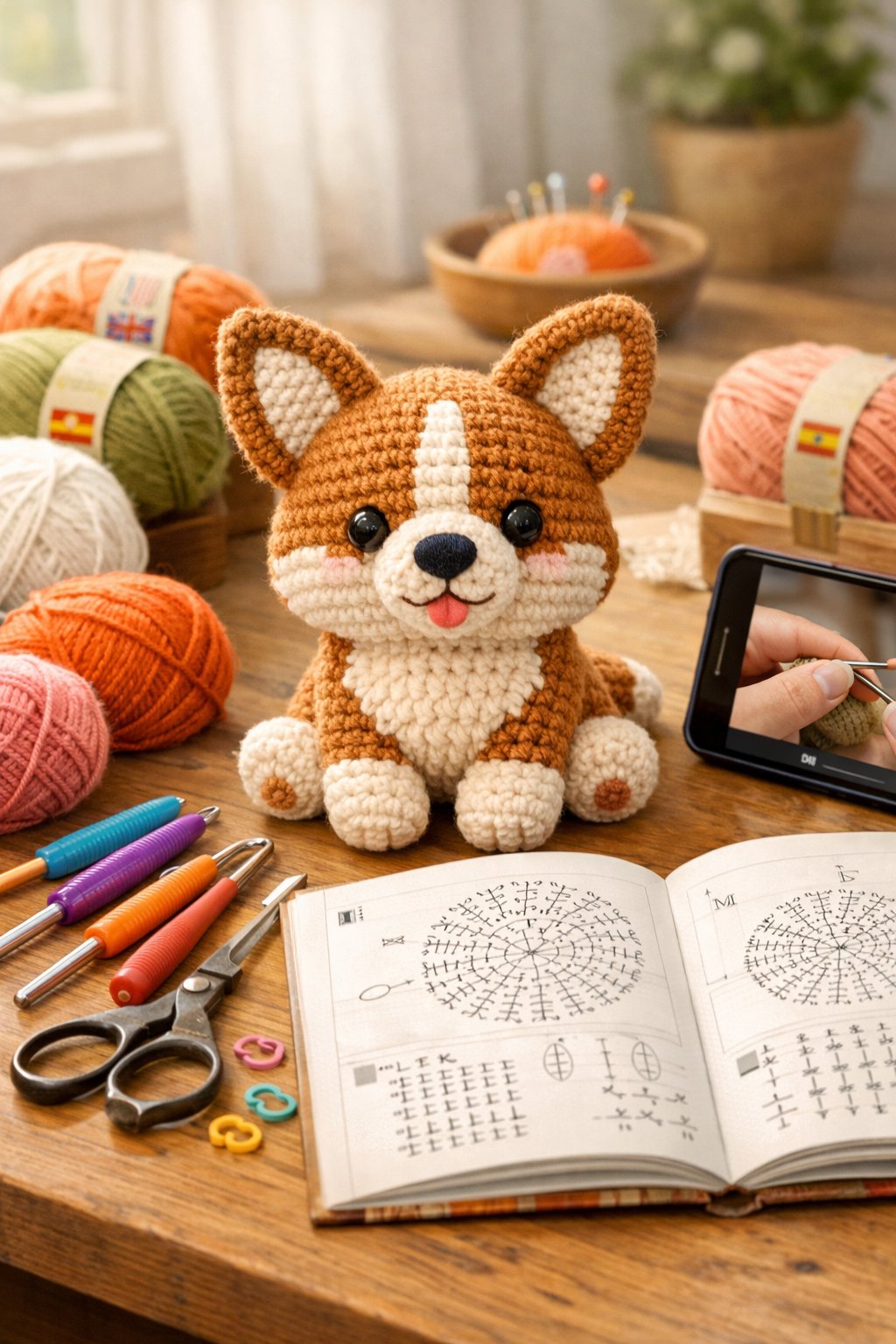 A crocheted corgi dog sitting on a table surrounded by yarn, crochet hooks, scissors, an open pattern book, and a smartphone showing a video tutorial.