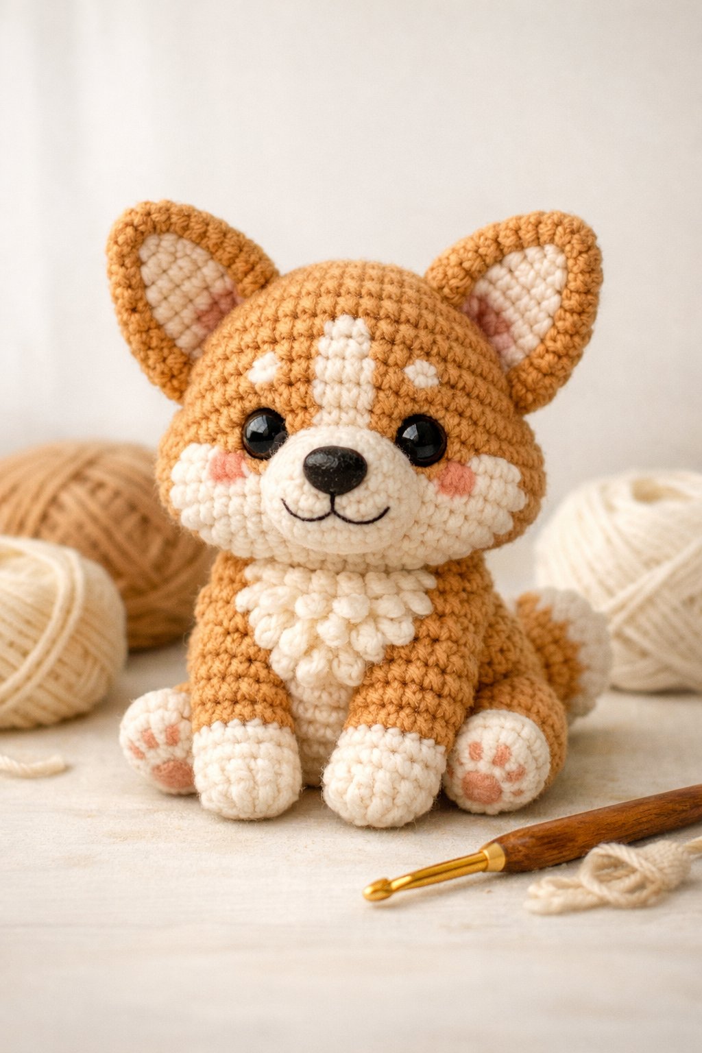 A handcrafted crochet corgi toy sitting with crochet tools and yarn in the background.