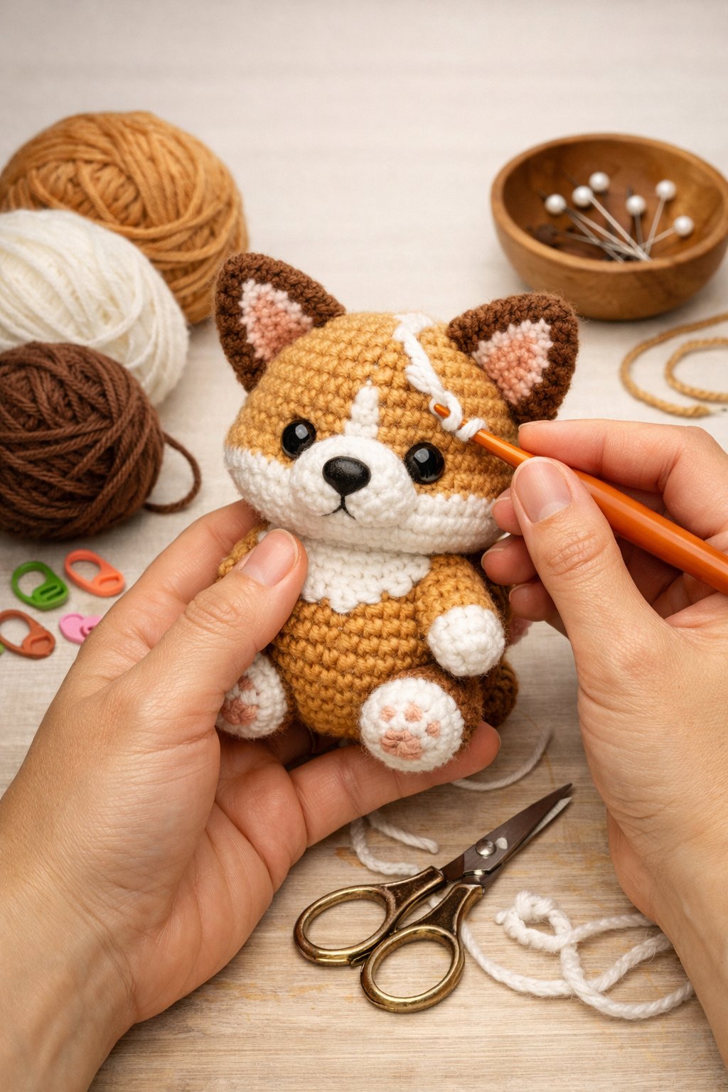 Hands crocheting a small corgi toy with yarn and crochet tools arranged nearby.