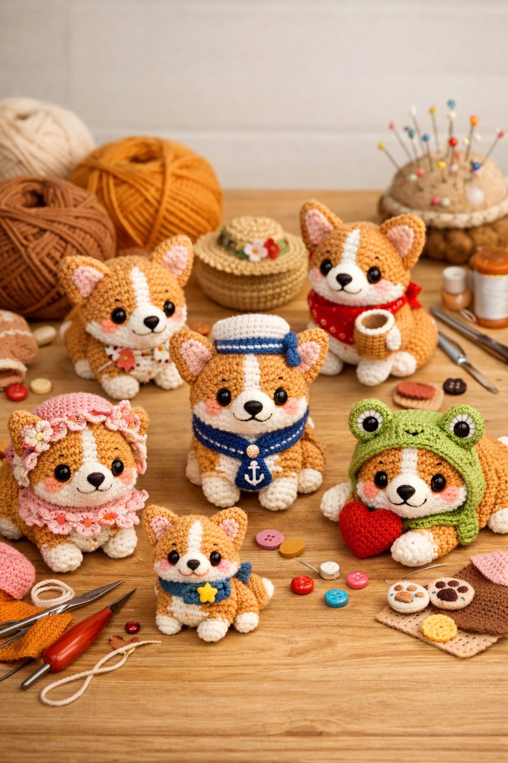 Several small crochet corgi toys decorated with colorful yarn accents and accessories displayed on a wooden table with crafting tools and materials nearby.