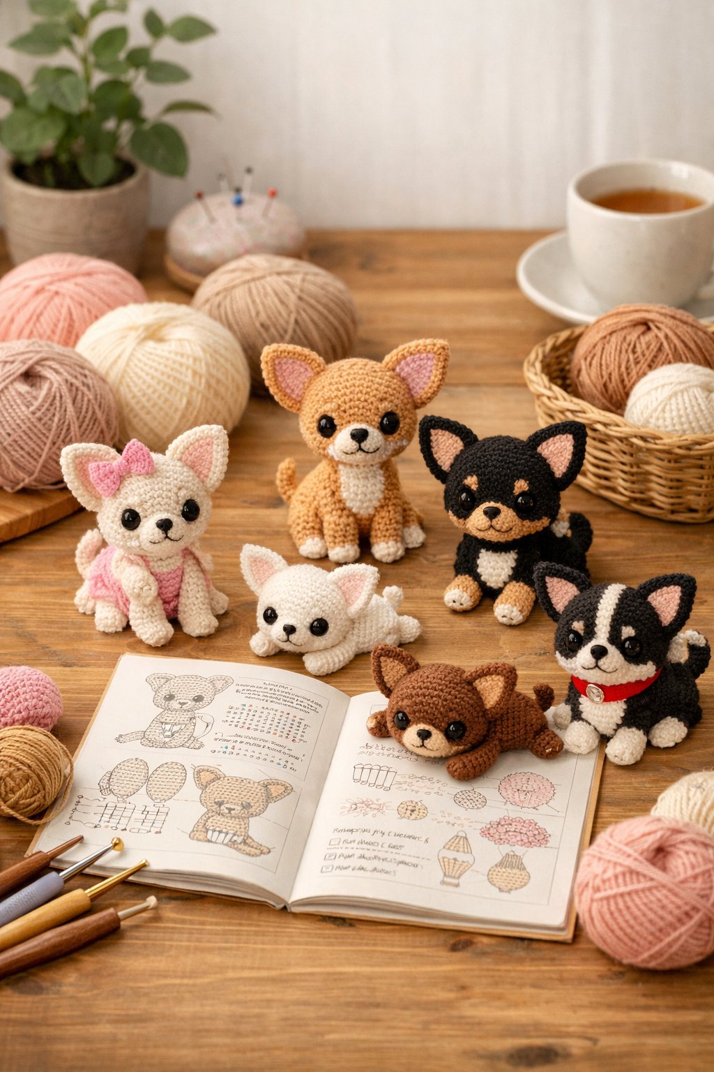 A collection of small crocheted chihuahua figures with yarn, crochet hooks, and a pattern booklet on a wooden table.