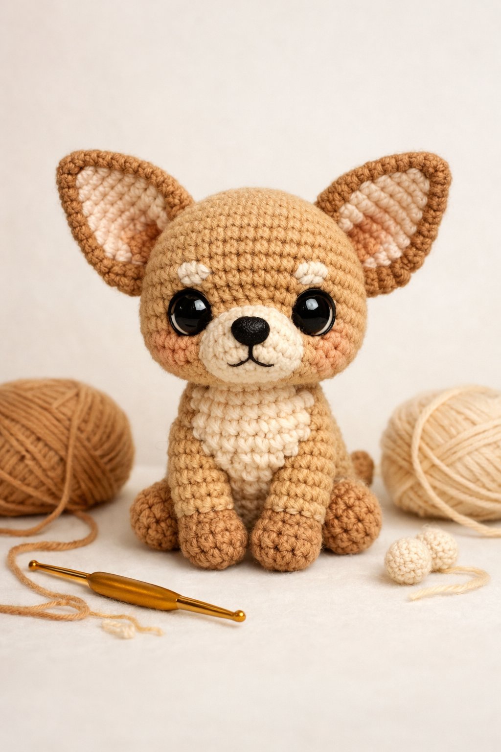 A small crocheted Chihuahua dog sitting upright with large eyes and perky ears, displayed with crochet yarn and tools nearby.