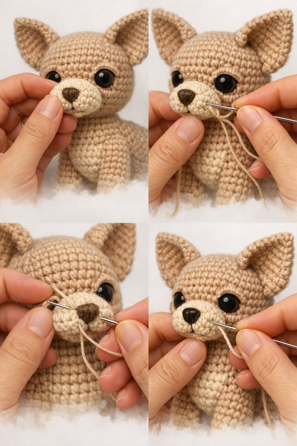 Close-up views of hands attaching a small crocheted snout to a crocheted Chihuahua figure, showing detailed stitching and yarn texture.