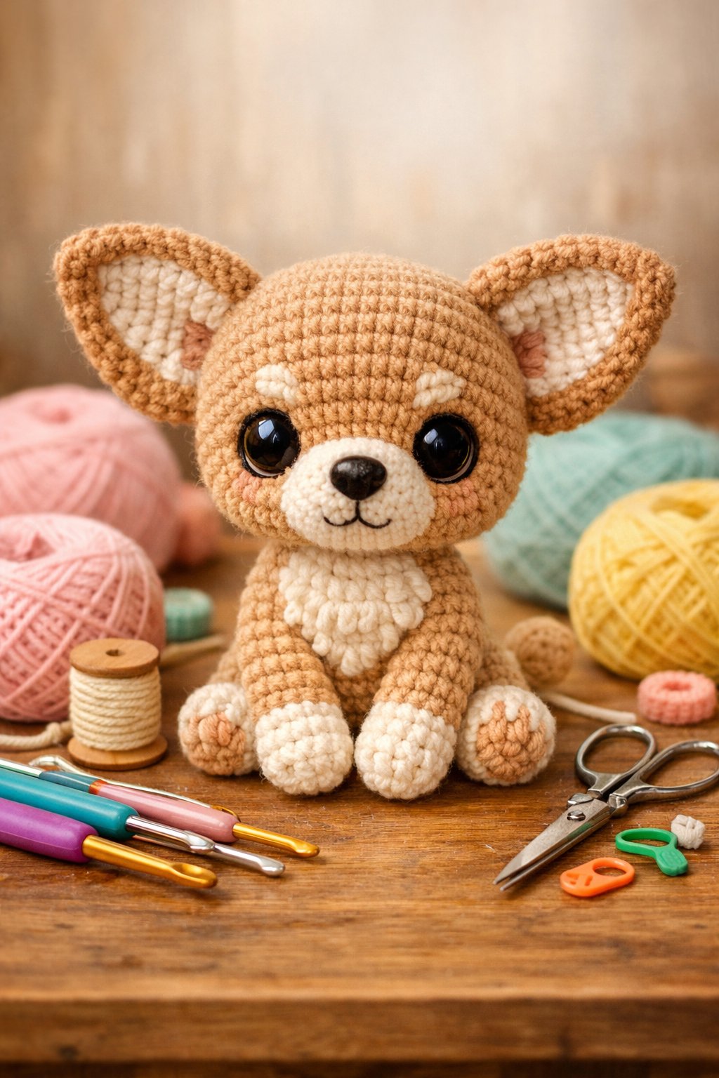 A small crocheted chihuahua plush toy sitting on a wooden table surrounded by colorful yarn and crochet tools.