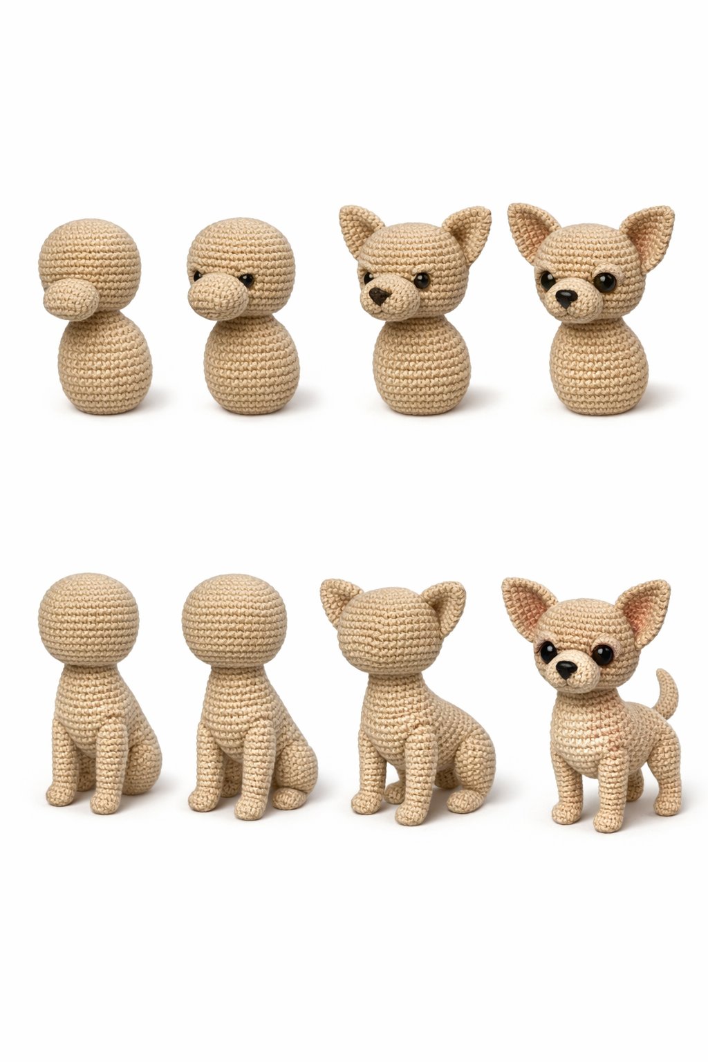 Step-by-step illustration showing the shaping of a Chihuahua's head and body for crochet crafting.