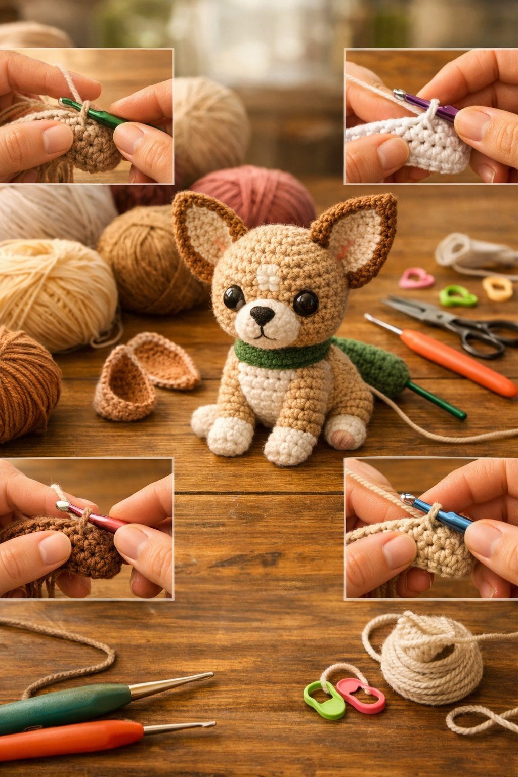 Hands demonstrating crochet stitches with yarn and a partially completed crocheted Chihuahua figure on a wooden table surrounded by crochet tools.