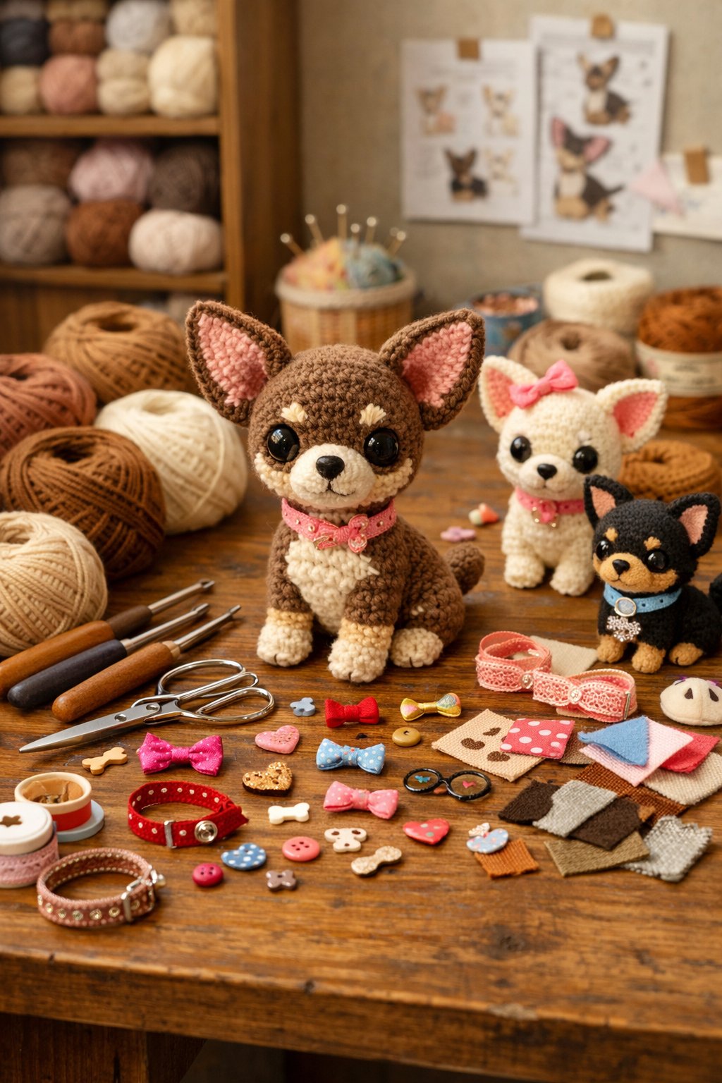 A crafting table with yarn, crochet hooks, and a partially completed crochet Chihuahua figure surrounded by small customization accessories.