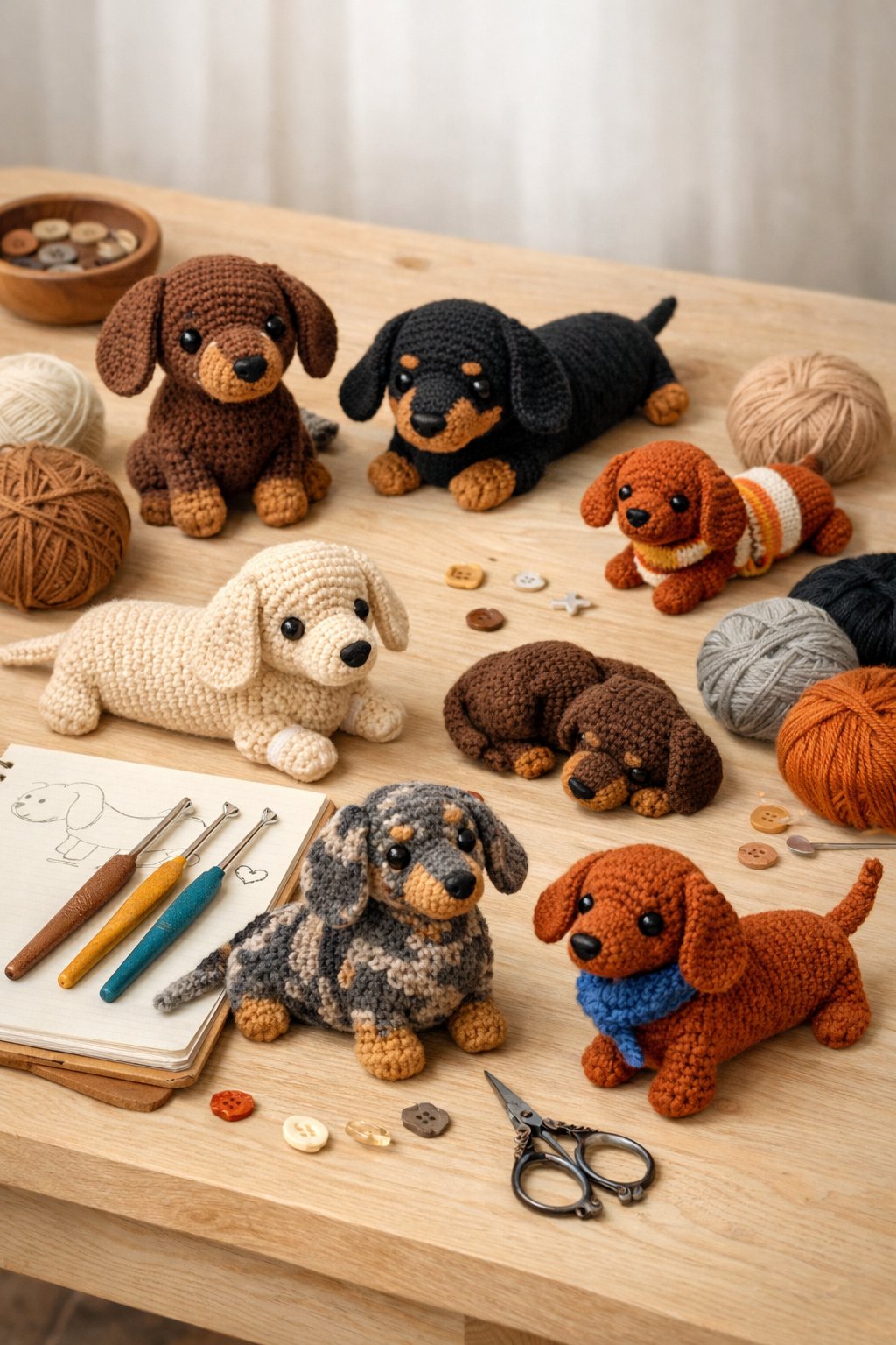 A collection of crocheted dachshund toys displayed on a table with yarn, crochet hooks, and scissors.