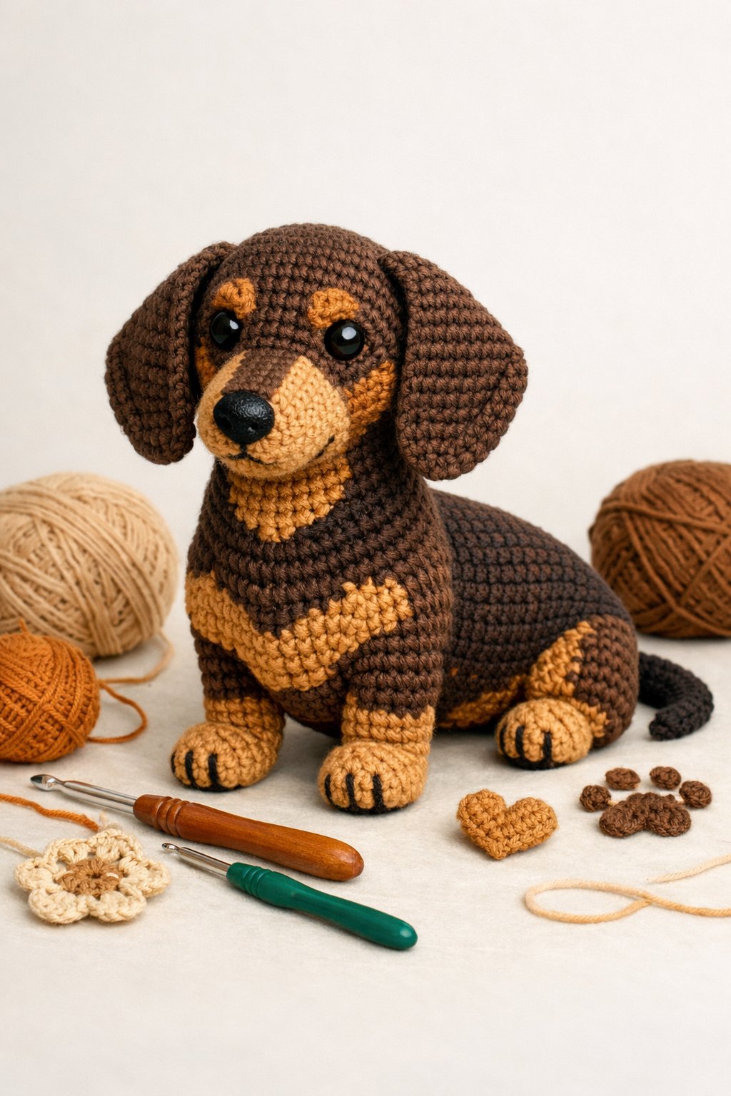 A crocheted dachshund dog surrounded by yarn and crochet hooks.