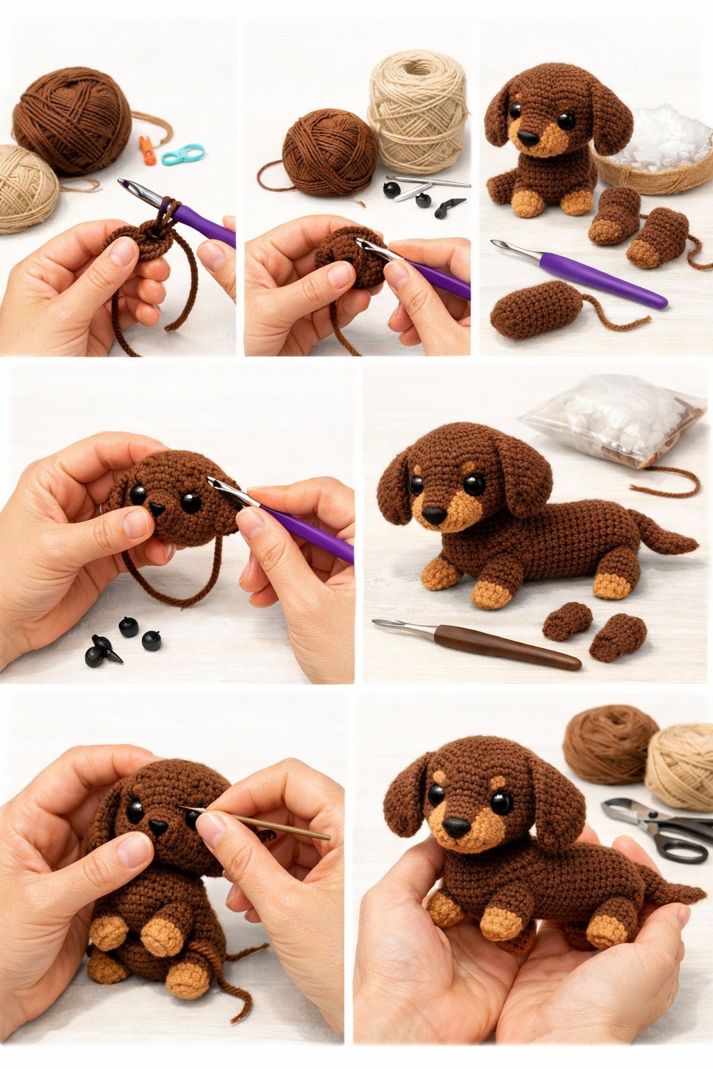 Hands crocheting a small dachshund plush toy, showing different stages of the crafting process with yarn and crochet tools.