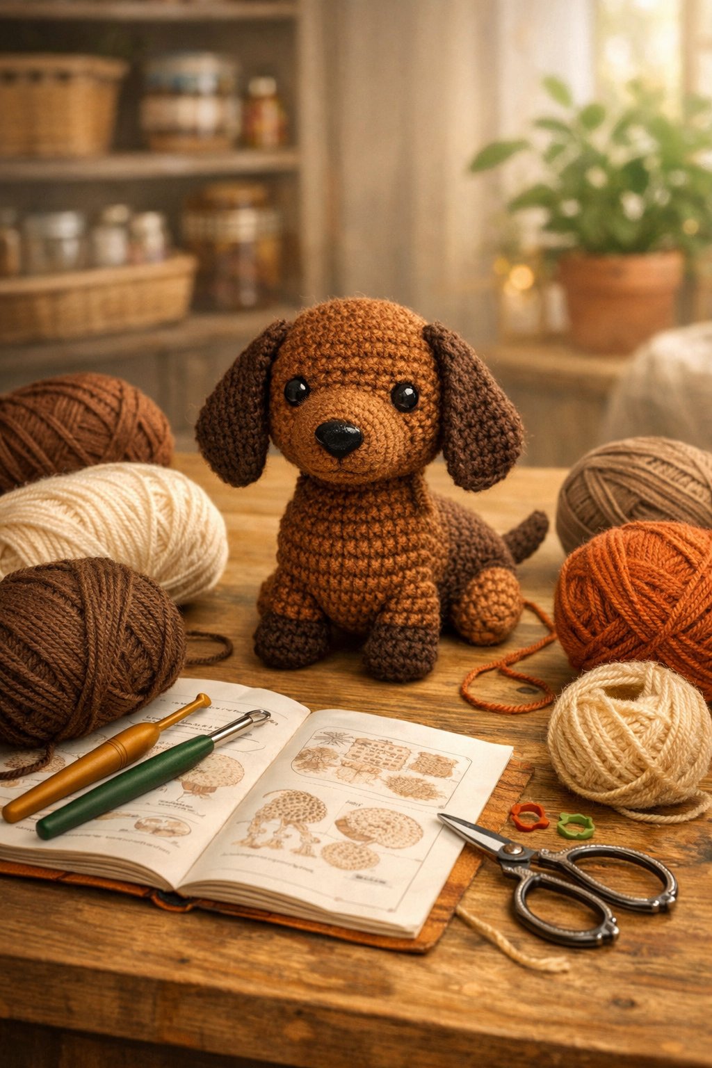 A partially completed dachshund crochet toy on a table surrounded by yarn, crochet tools, and crafting supplies in a cozy room.