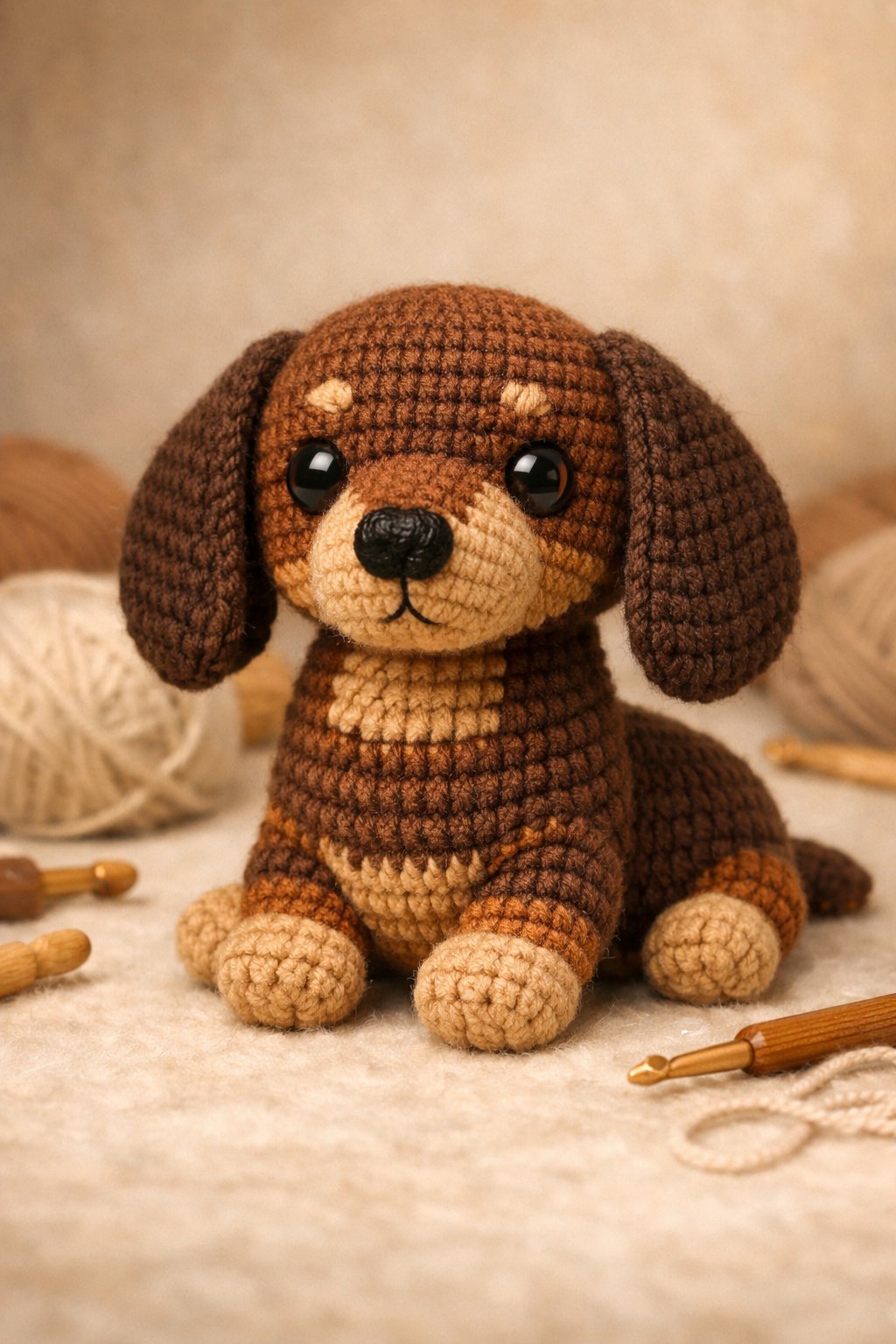 A cute dachshund crochet plushie sitting on a soft surface with yarn balls and crochet hooks around it.