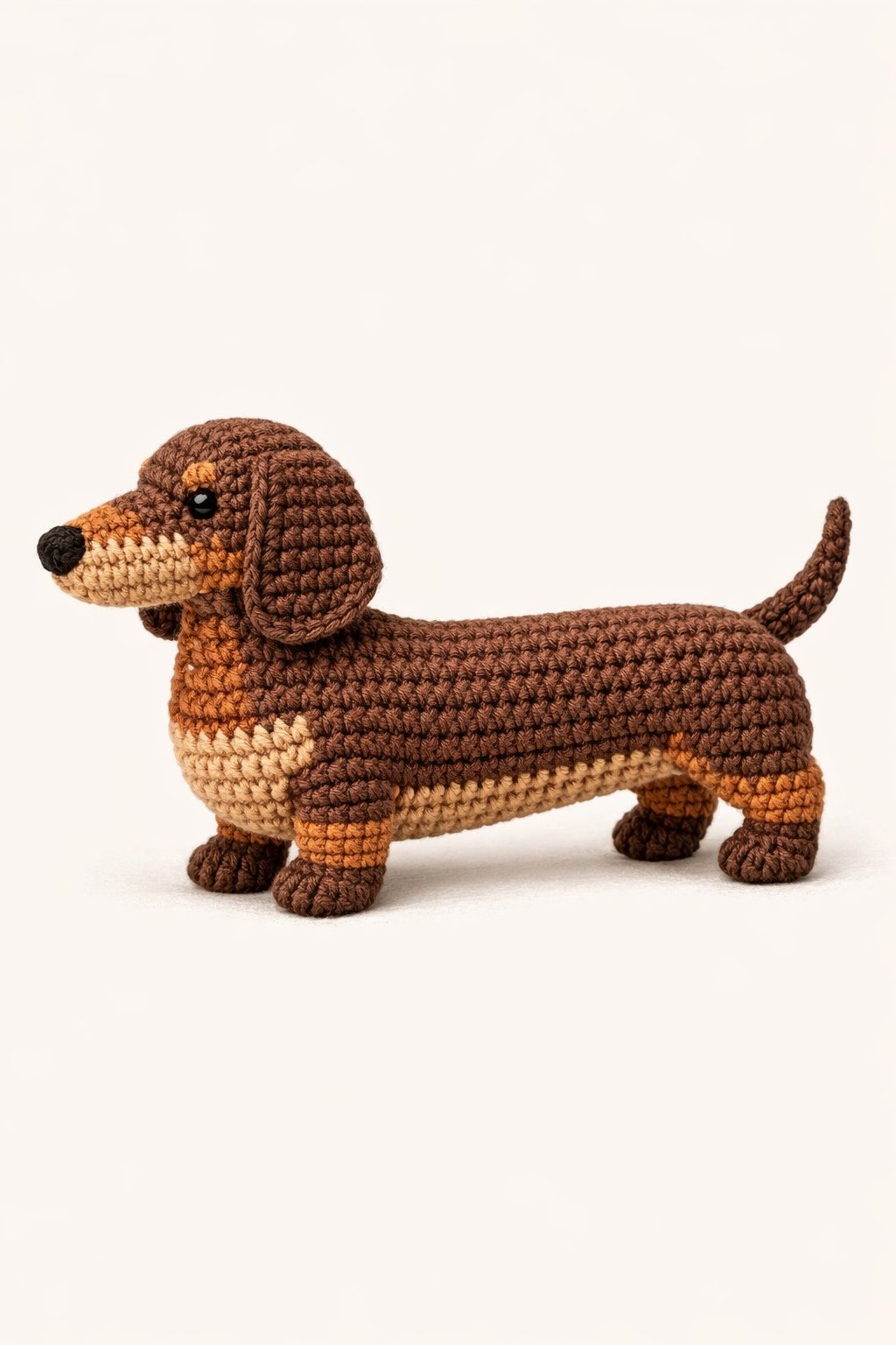 A crocheted dachshund dog shown from the side with visible simple stitch patterns and warm brown colors.