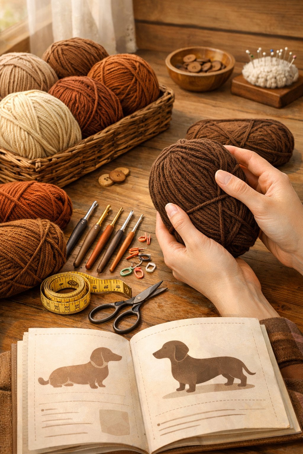 A workspace with yarn skeins, crochet hooks, and tools arranged for making dachshund crochet patterns, with hands selecting yarn.