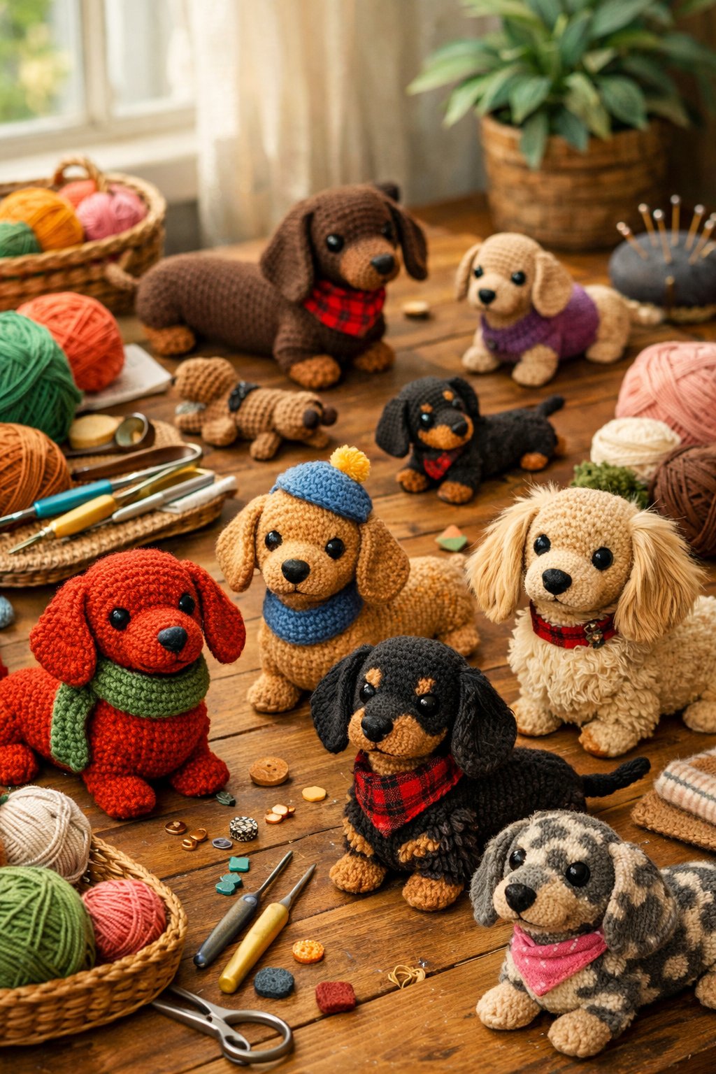 A crafting workspace with colorful yarn, crochet hooks, and several handmade dachshund crochet dolls in different colors and patterns on a wooden table.