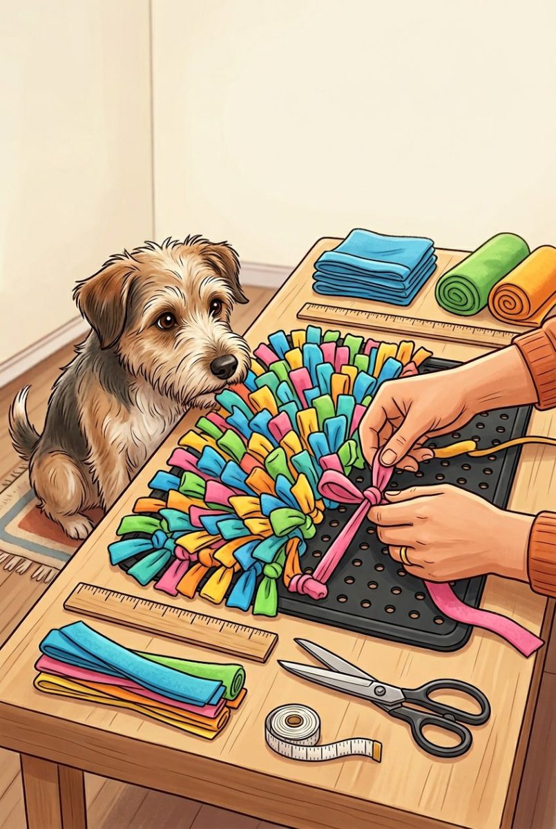 Hands tying colorful fabric strips onto a rubber mat to make a dog snuffle mat, with a dog sniffing nearby.