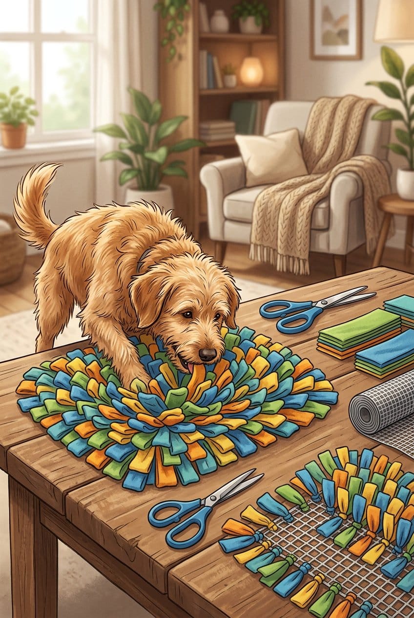 A dog sniffing a colorful fabric snuffle mat on a table with crafting materials nearby in a cozy home setting.