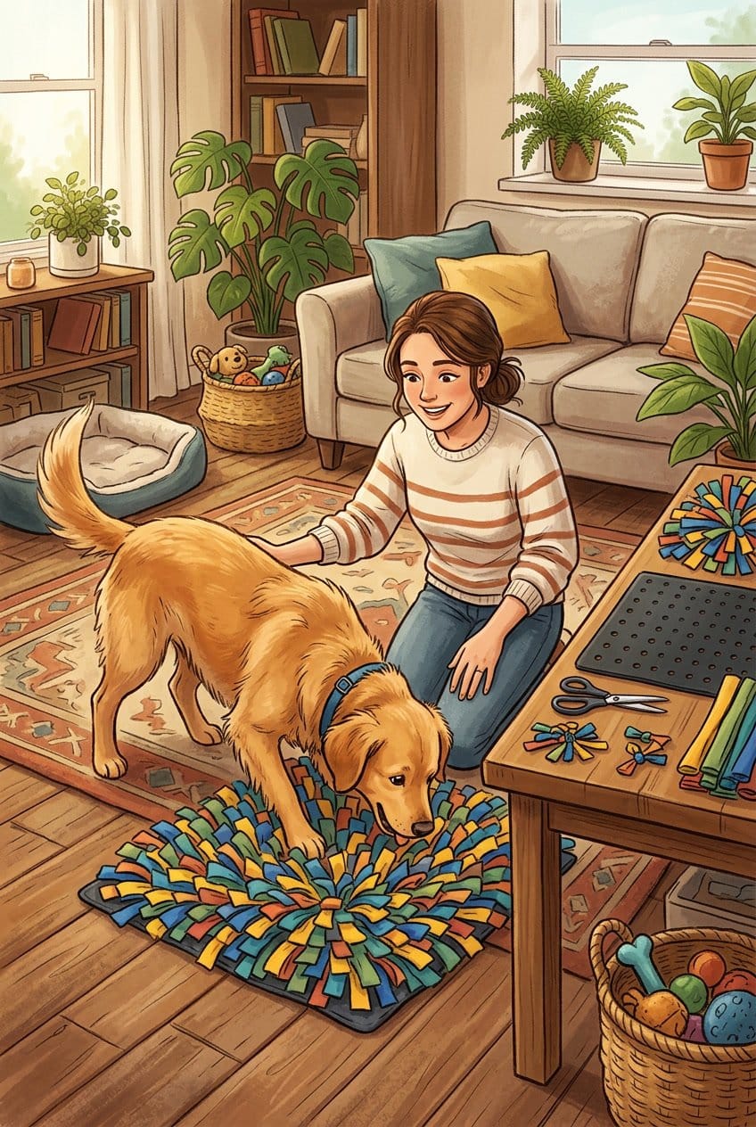 A dog using a colorful snuffle mat on the floor while a person prepares materials to make the mat at home in a cozy living room.